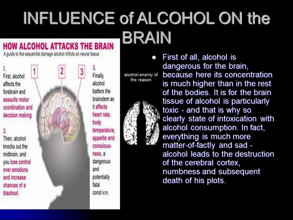 INFLUENCE of ALCOHOL ON the BRAIN First of all, alcohol is dangerous for the
